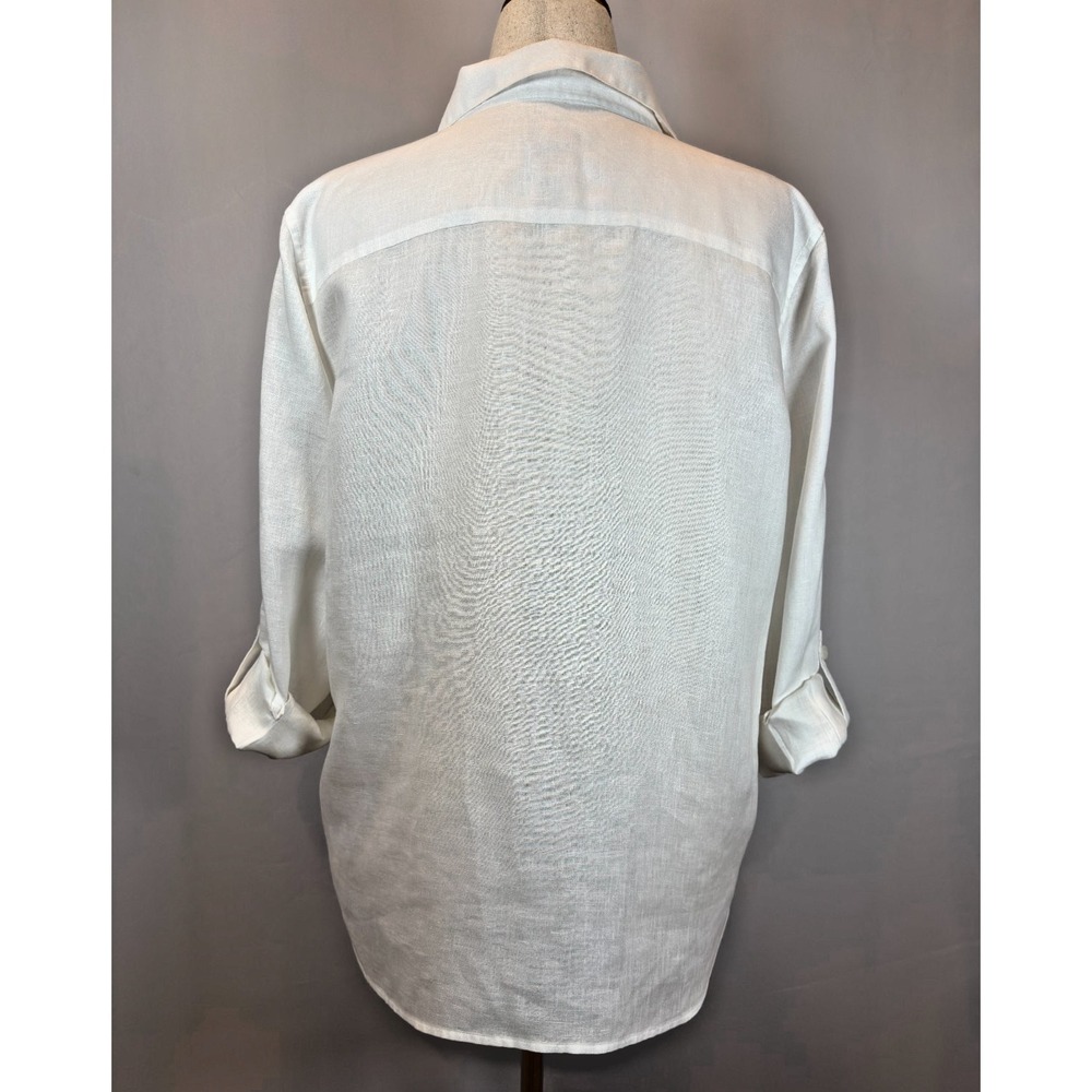 CHICOS Size 3 No Iron 100% Linen Button Up Blouse White Roll Tab Sleeve Shirt XL - Picture 4 of 9